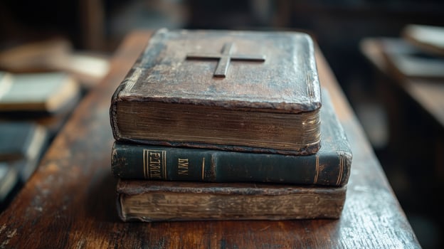 Old, worn out hymnals with a cross sitting on a wooden surface photo