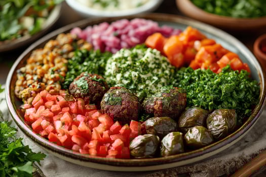 Vegan middle eastern bowl with falafel, tabbouleh, vine leaves, and roasted vegetables photo