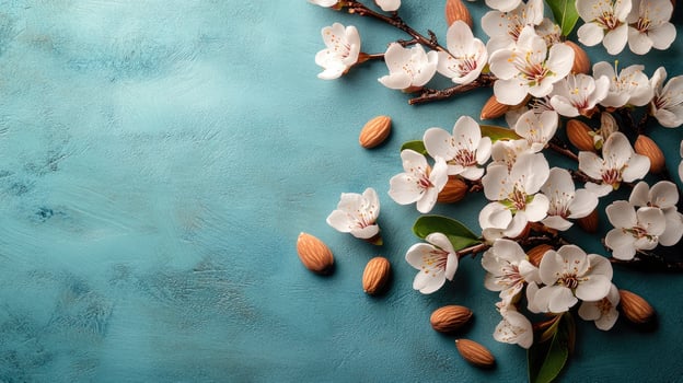 Almond tree branch with white flowers on blue background photo