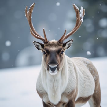 Majestic Reindeer amidst Winter Elegance Snowy Landscape with Delicate Snowfall photo