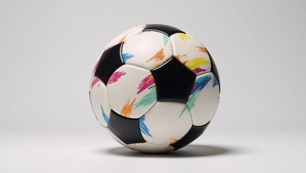Illustrated soccer ball against vibrant colorful brush strokes on white background photo