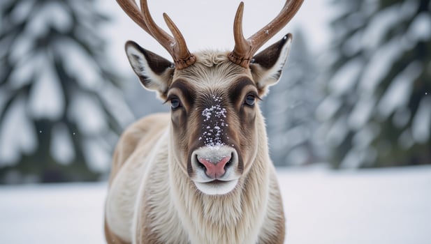 A Reindeer with Red Nose Frolicking in Snowy Landscape photo