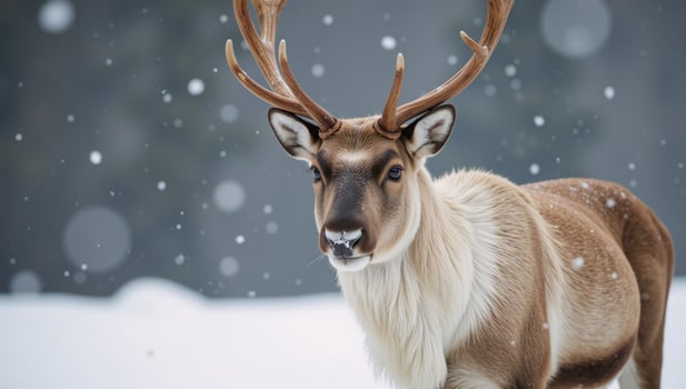 A toweringhorned reindeer stands amidst the snowy landscape photo