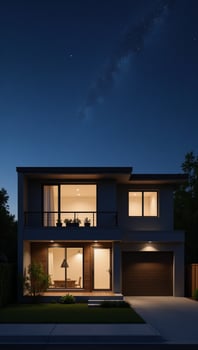 Modern 2story home rendered with gray wood accents featuring large windows a parked car photo