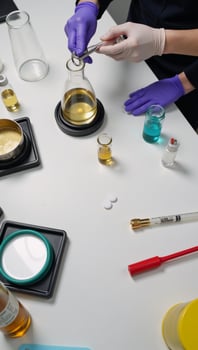 Person in gloves prepares food on table art portrayal of synthesizing illicit drugs production photo