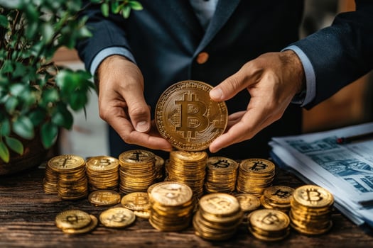 Businessman holding bitcoin over stack of bitcoins on desk photo