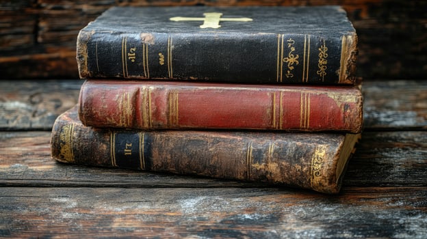 Old books with cross laying on wooden surface photo