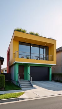 A modern suburban home boasts vibrant colors and a lush green roof photo