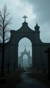 A postapocalyptic scene featuring a frightening courtyard surrounded by an ancient ruin cemetery with lot trees and a looming helllike landscape photo