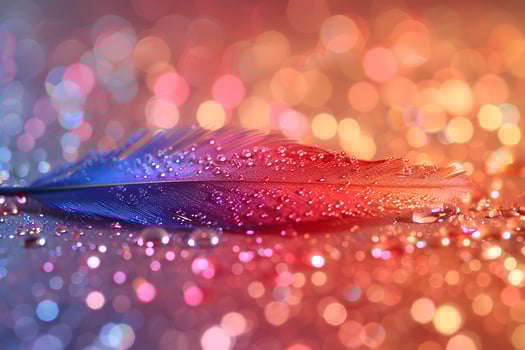 Vibrant Feather with Water Droplets on Sparkling Colorful Background photo