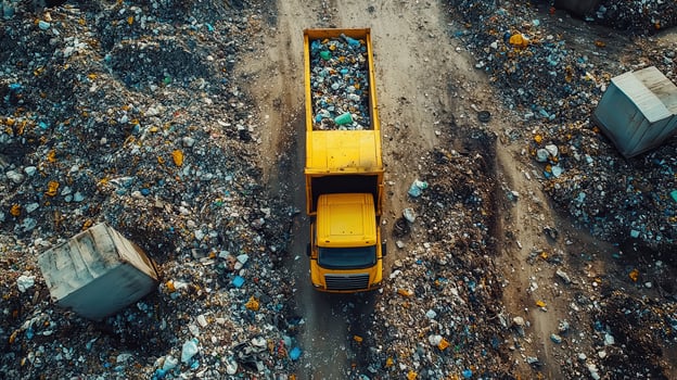 Aerial view of a yellow garbage truck driving through a landfill. photo