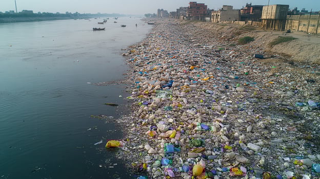 A riverbank choked with plastic debris, highlighting the environmental impact of pollution. photo