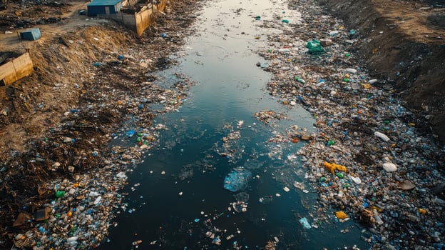 Aerial view of a polluted waterway filled with plastic debris. photo