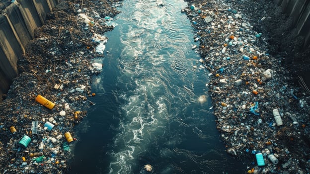 A river choked with plastic and other debris, a stark reminder of pollution. photo