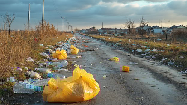 Littered road with trash bags and plastic bottles. photo
