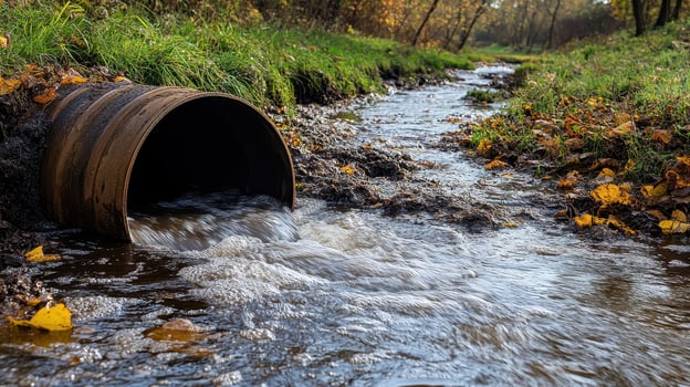 Water flows from a pipe into a stream, surrounded by autumn leaves. photo