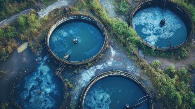 Aerial view of a water treatment facility with three large circular tanks. photo