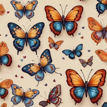 Orange Blue Fly insect summer butterflies pattern white background photo