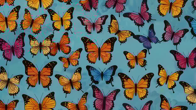 Colorful Fly insect spring butterflies pattern blue background photo