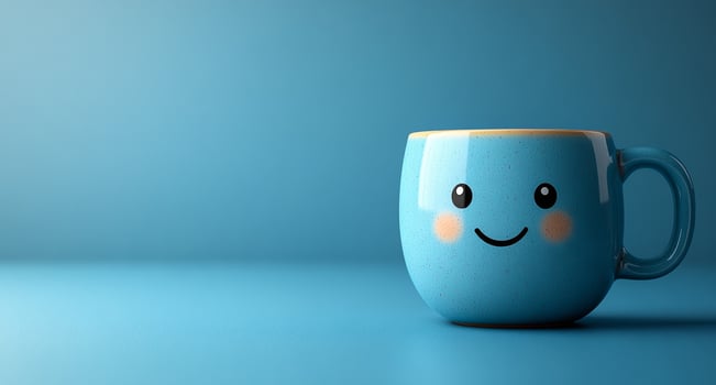 A smiling blue mug with a cartoon face on it sits on a blue table. The mug is the main focus of the image, and it conveys a sense of happiness and warmth photo