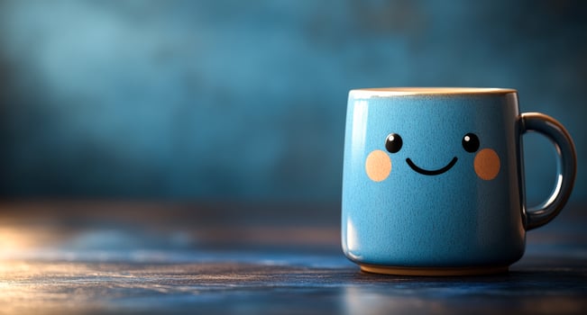 A smiling blue mug sits on a table. The mug is smiling and has a happy expression. The blue color of the mug and the table creates a calm and peaceful atmosphere photo