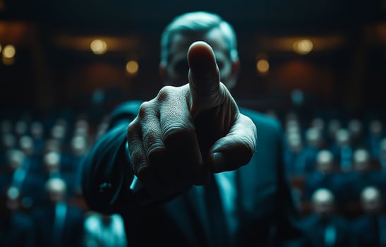 A man in a suit is pointing at something in the audience. Concept of importance and authority, as the man is dressed in a suit and he is directing attention to something photo