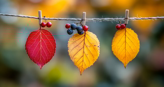Three leaves hanging on a clothesline with berries on them. The leaves are red, yellow, and orange photo