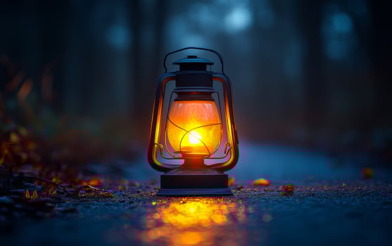 A lantern is lit in the woods, casting a warm glow on the ground. The scene is serene and peaceful, with the light from the lantern creating a sense of calm and tranquility photo