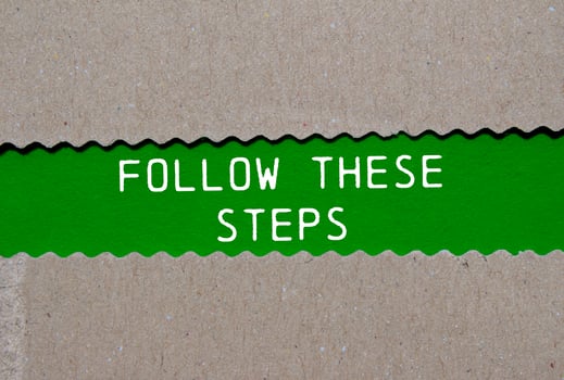 Follow these steps message written on ripped torn paper on green background. Conceptual follow these steps symbol. Copy space. photo