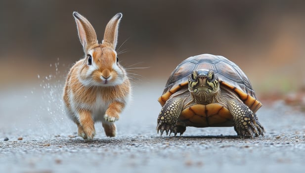 A rabbit and a turtle are running on a wet road. The rabbit is running faster than the turtle photo