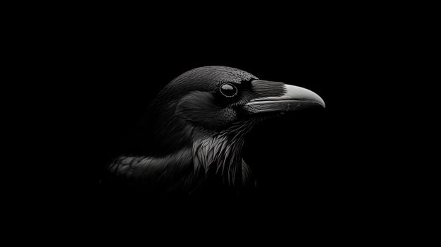 A black and white photo of a bird's head. The bird is a crow
