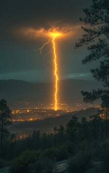 A lightning bolt is seen in the sky above a city. The sky is dark and cloudy, and the city is lit up with lights. Scene is tense and dramatic, as the lightning bolt is a powerful photo