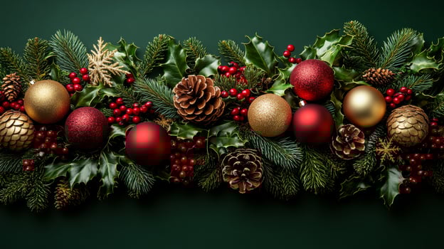 A green background with a red and gold wreath of Christmas decorations. The wreath is made up of red and gold balls and pine cones photo
