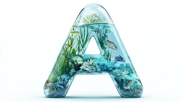 stunning representation of the letter A made from transparent glass, showcasing a lively underwater ecosystem with colorful fish and vibrant plants, isolated against a white backdrop. photo