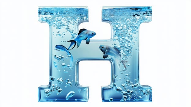 letter H showcases a realistic glass texture intricately filled with water and lively fish creating a captivating aquarium effect on a pristine white background. photo
