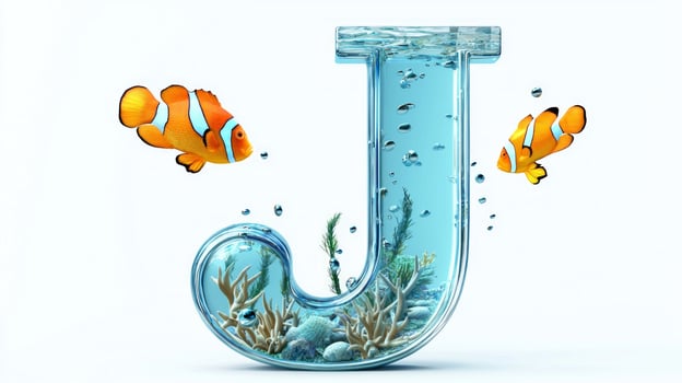 stunning representation of the letter J, crafted from glass and filled with water, reveals colorful fish swimming gracefully among aquatic plants and coral structures. photo