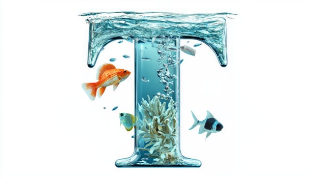 artistic letter T showcases a stunning glass structure filled with clear water, colorful fish, and coral. It turns aquarium aesthetics into an elegant piece of art. photo
