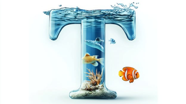 artistic representation features a transparent letter T crafted from glass, filled with clear water and diverse fish. The design invites exploration and imagination. photo