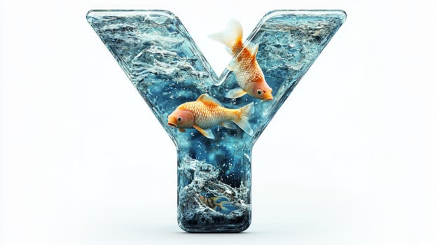 creative representation features the letter Y crafted from glass, filled with water and swimming fish, artistically designed to stand out against a clean white backdrop. photo