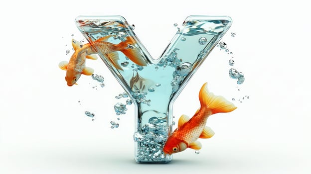 artistic representation showcases the letter Y, crafted from glass and filled with water and lively fish. It stands out beautifully against a white backdrop, inviting wonder. photo