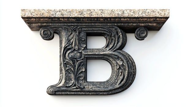antique letter B stands out with its intricate column-like texture, appearing artistically against a clean white backdrop, evoking historical elegance. photo