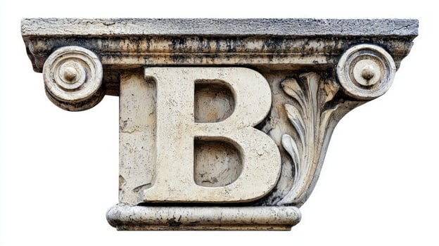 stylized letter B showcases an intricate antique column texture, capturing the elegance of classical design with detailed carvings on a stark white background. photo