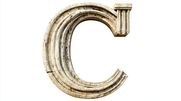 striking letter C features a stunning antique column texture, showcasing craftsmanship and elegance. It stands out vividly on a pure white backdrop, perfect for design and artistic use. photo