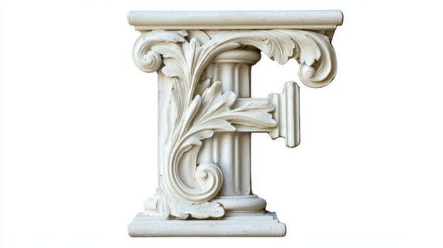 ornate letter F showcases a stunning antique column texture, beautifully detailed with intricate carvings and a classic white background that emphasizes its elegance. photo