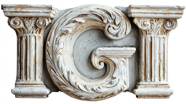 striking letter G, beautifully crafted with vintage column texture, stands out in a realistic style against a clean white backdrop, perfect for artistic endeavors or design projects. photo