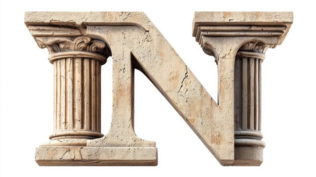 timeless letter N stands proudly, crafted with an antique column texture that highlights its historic elegance. The contrasting white background emphasizes its artistic design. photo