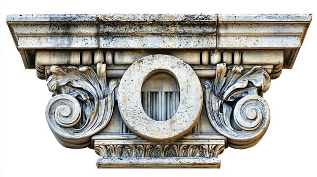Featuring a beautifully crafted letter O, this antique column texture stands out on a pristine white background, showcasing intricate details and artistry. photo