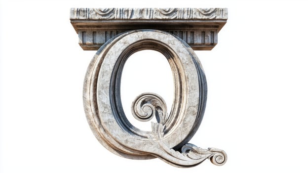 striking letter Q displays intricate details reminiscent of classic architecture, featuring an antique column texture photo