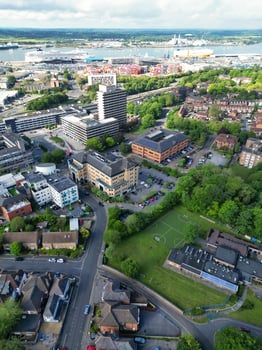 Aerial View of Southampton Port City of South England Coast, United Kingdom. May 17th, 2024. Drone's Camera Footage from Altitude. photo