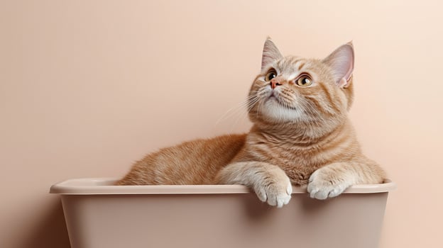 Curious orange tabby cat sitting in a tub, gazing upward with a thoughtful expression. photo